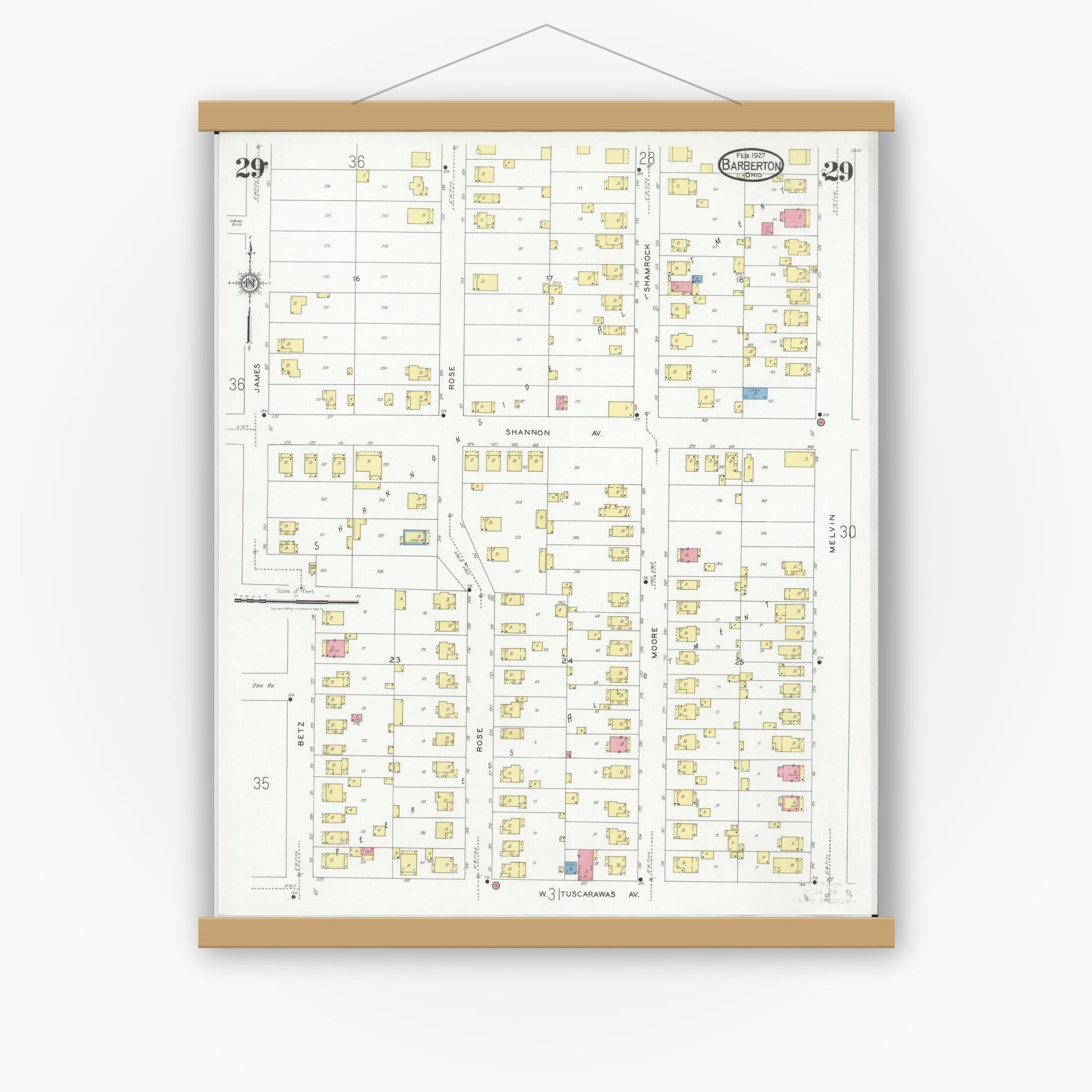 Old map wall art mockup — magnetic wood frame on white wall — Sanborn Fire Insurance Map from Barberton, Summit County, Ohio (1927), Sheet #0029