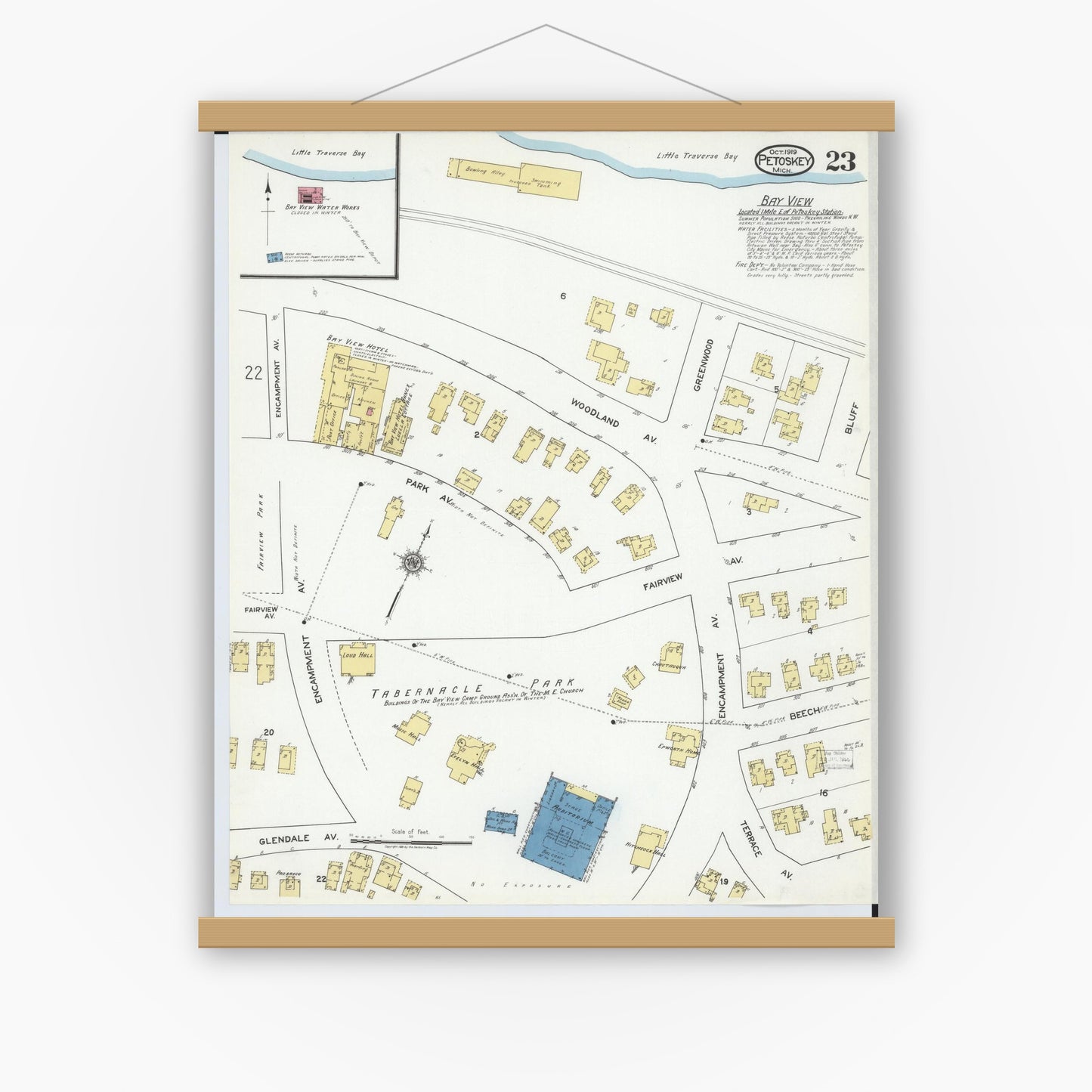 Old map wall art mockup — magnetic wood frame on white wall — Sanborn Fire Insurance Map from Petoskey, Emmet County, Michigan (1919), Sheet #0023