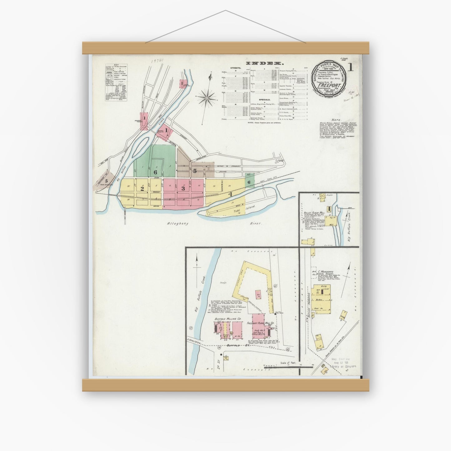 Old map wall art mockup — magnetic wood frame on white wall — Sanborn Fire Insurance Map from Freeport, Armstrong County, Pennsylvania (1897) - Complete Map Set