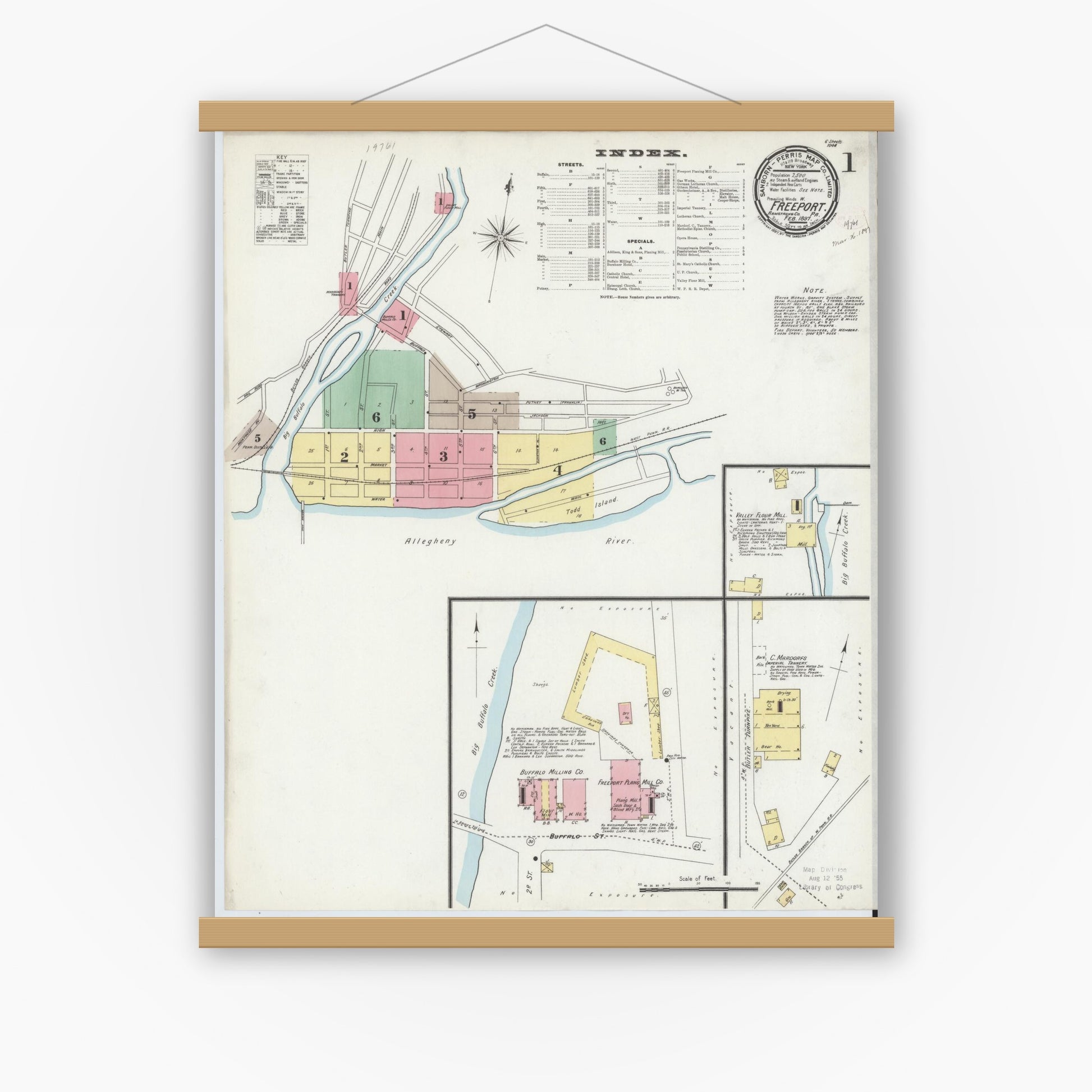 Old map wall art mockup — magnetic wood frame on white wall — Sanborn Fire Insurance Map from Freeport, Armstrong County, Pennsylvania (1897) - Complete Map Set