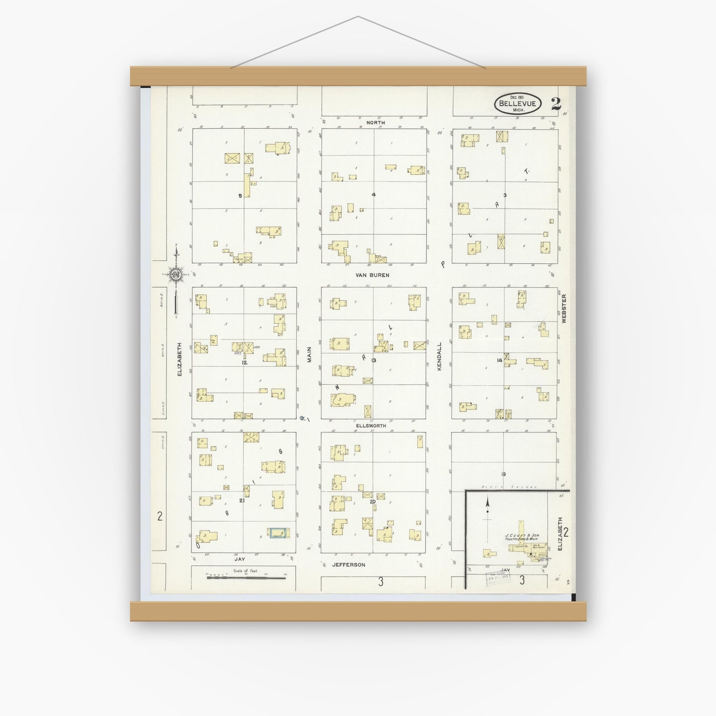 Old map wall art mockup — magnetic wood frame on white wall — Sanborn Fire Insurance Map from Bellevue, Eaton County, Michigan (1911), Sheet #0002