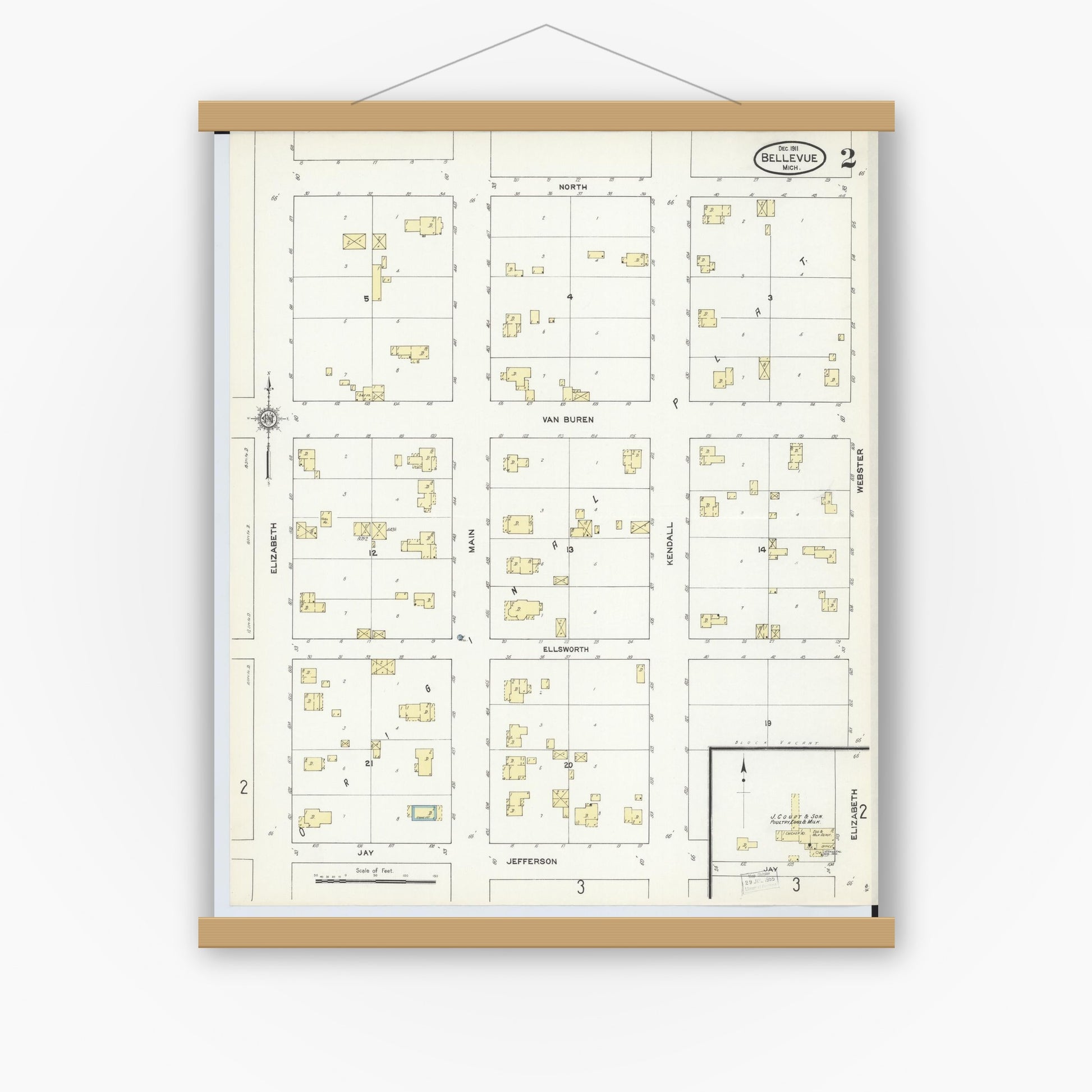 Old map wall art mockup — magnetic wood frame on white wall — Sanborn Fire Insurance Map from Bellevue, Eaton County, Michigan (1911), Sheet #0002