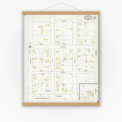 Old map wall art mockup — magnetic wood frame on white wall — Sanborn Fire Insurance Map from Bellevue, Eaton County, Michigan (1911), Sheet #0002