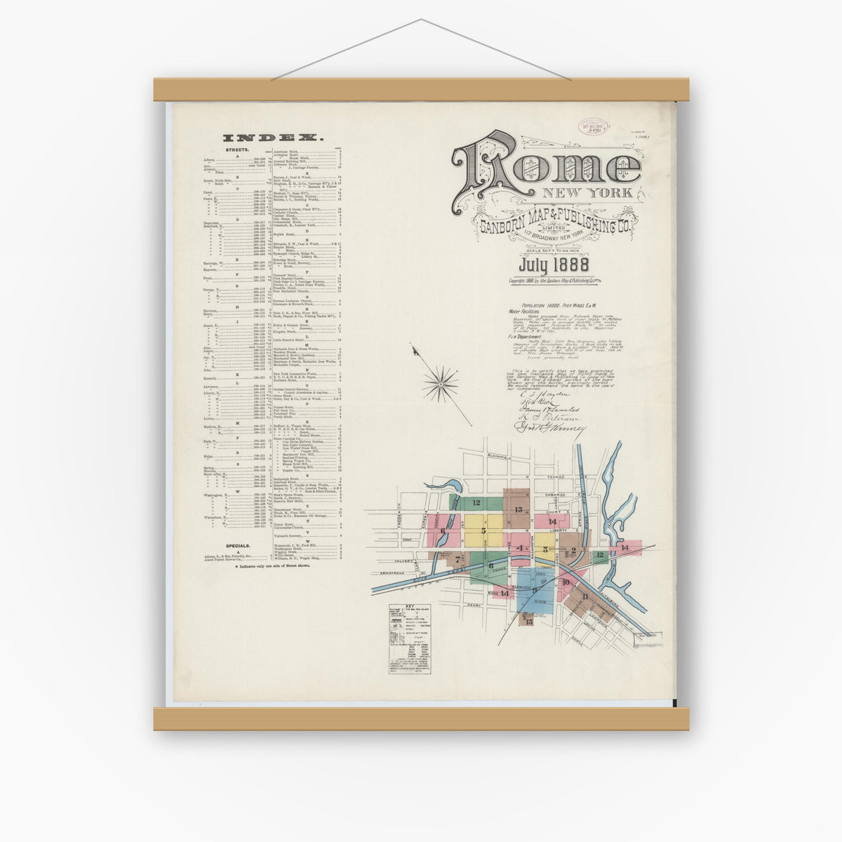 Old map wall art mockup — magnetic wood frame on white wall — Sanborn Fire Insurance Map from Rome, Oneida County, New York (1888), Sheet #0001