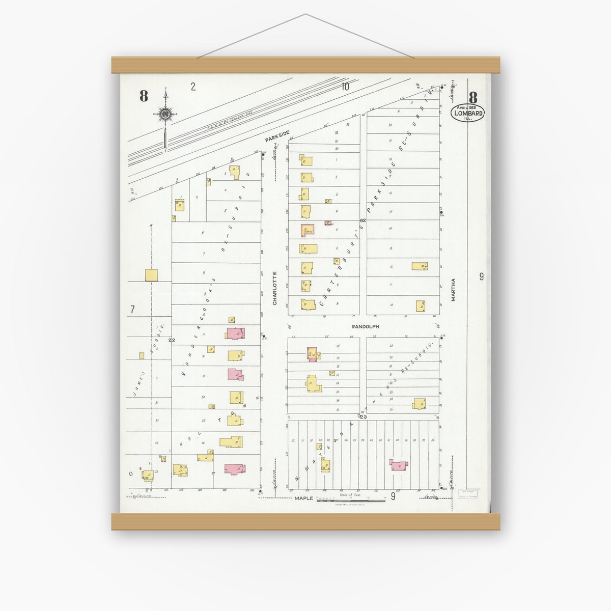 Old map wall art mockup — magnetic wood frame on white wall — Sanborn Fire Insurance Map from Lombard, Du Page County, Illinois (1925), Sheet #0008