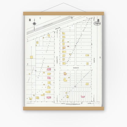 Old map wall art mockup — magnetic wood frame on white wall — Sanborn Fire Insurance Map from Lombard, Du Page County, Illinois (1925), Sheet #0008