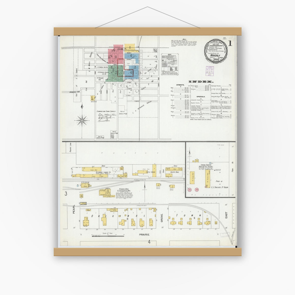 Old map wall art mockup — magnetic wood frame on white wall — Sanborn Fire Insurance Map from Waverly, Morgan County, Illinois (1901), Sheet #0001