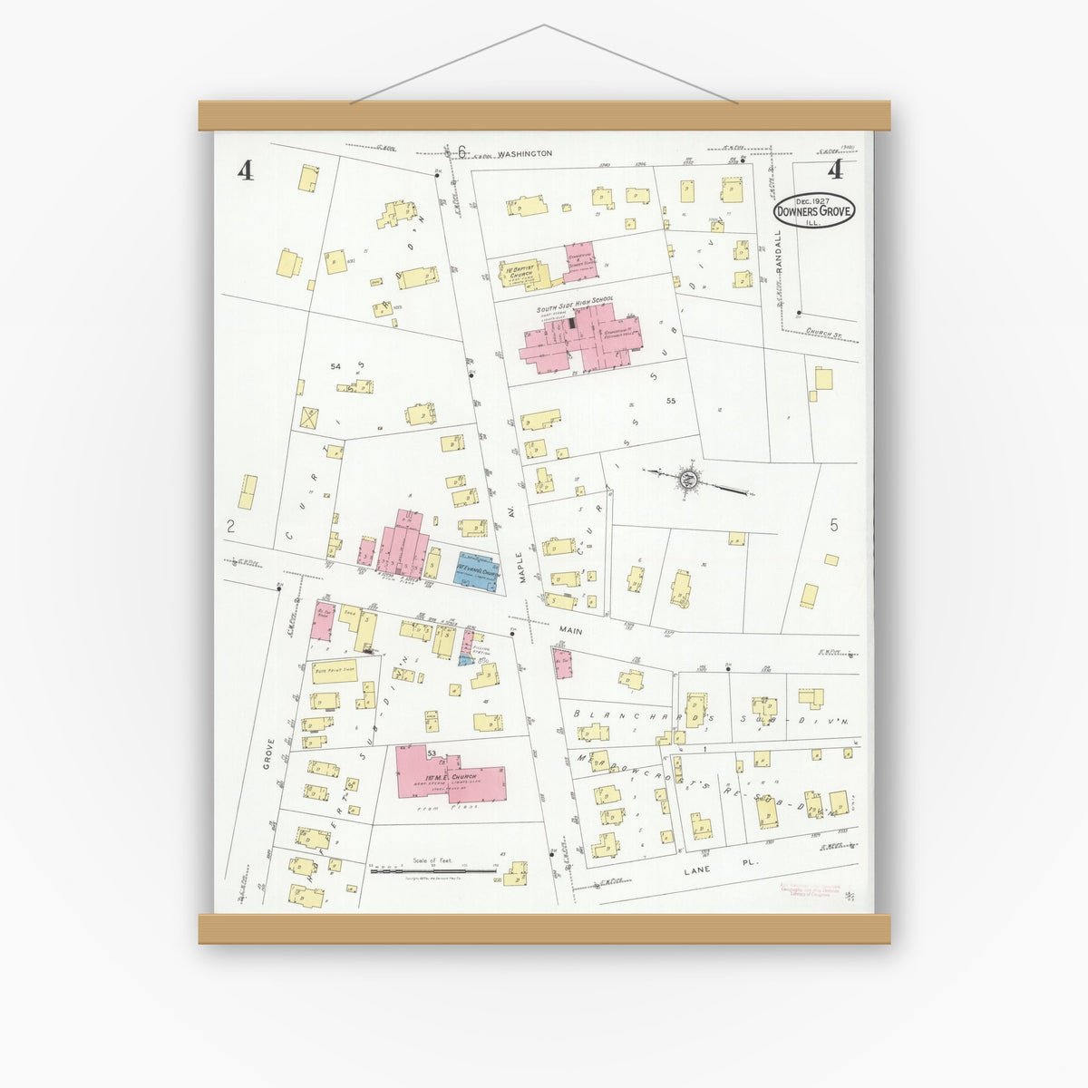 Old map wall art mockup — magnetic wood frame on white wall — Sanborn Fire Insurance Map from Downers Grove, Dupage County, Illinois (1927), Sheet #0004