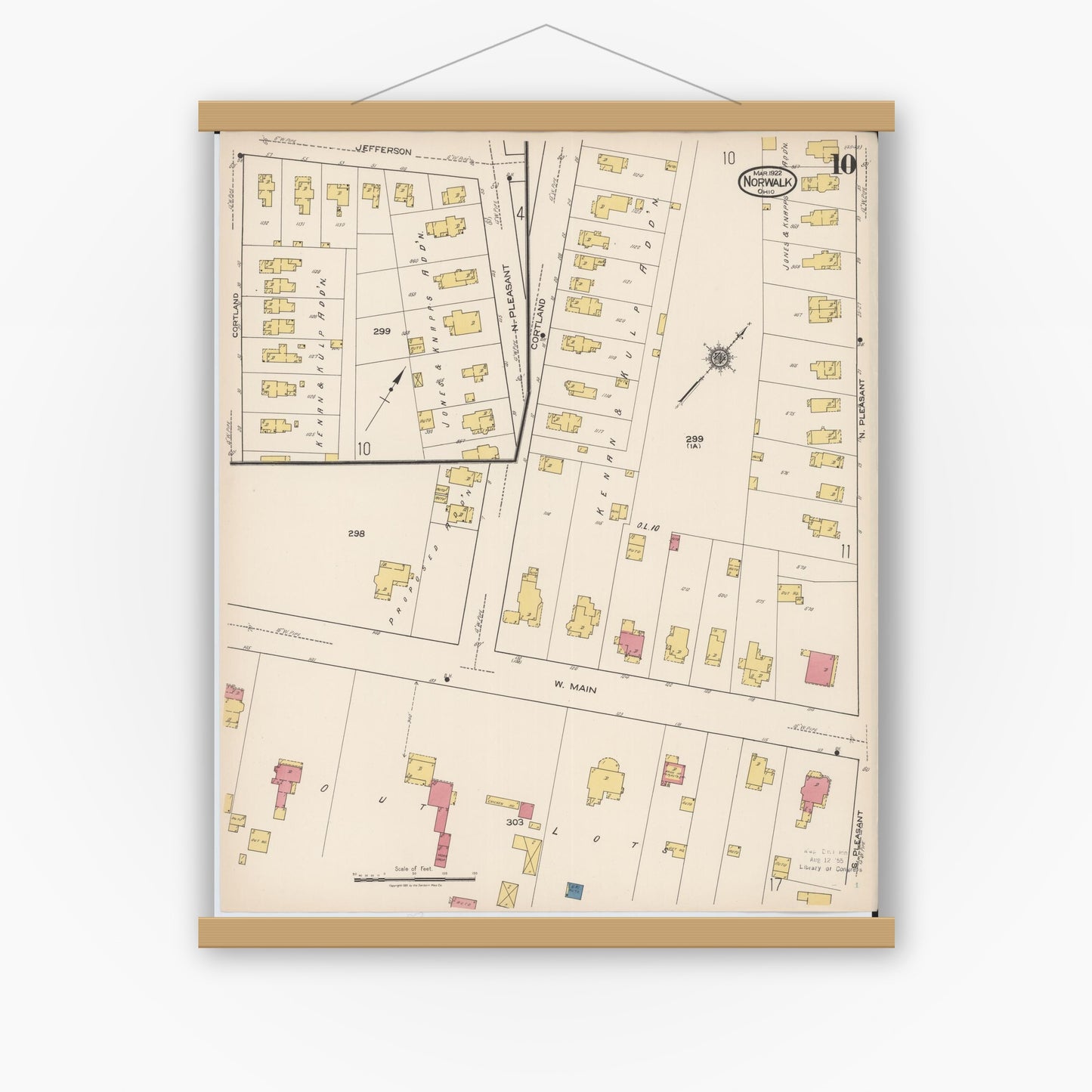 Old map wall art mockup — magnetic wood frame on white wall — Sanborn Fire Insurance Map from Norwalk, Huron County, Ohio (1922), Sheet #0010