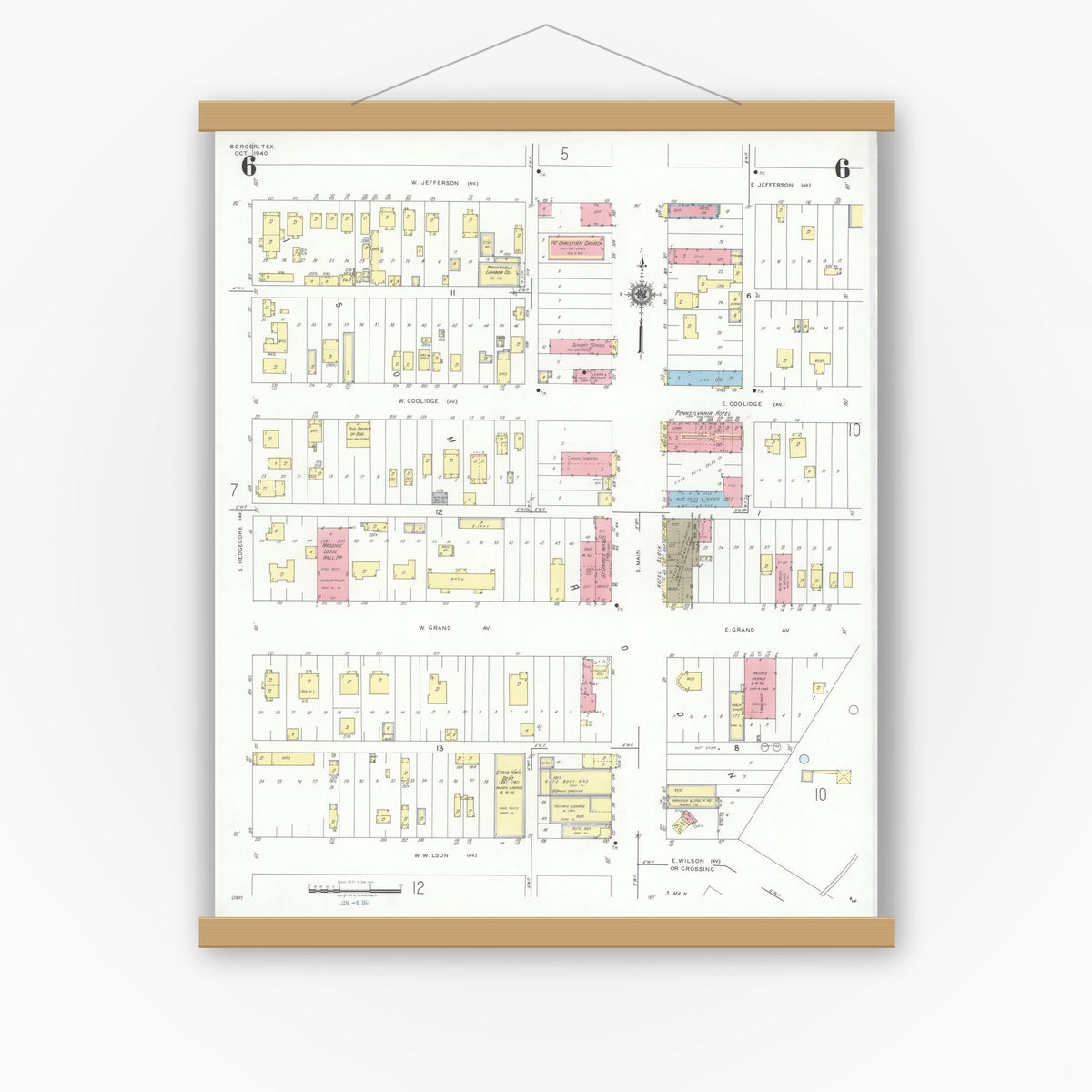 Old map wall art mockup — magnetic wood frame on white wall — Sanborn Fire Insurance Map from Borger, Hutchinson County, Texas (1940), Sheet #0006