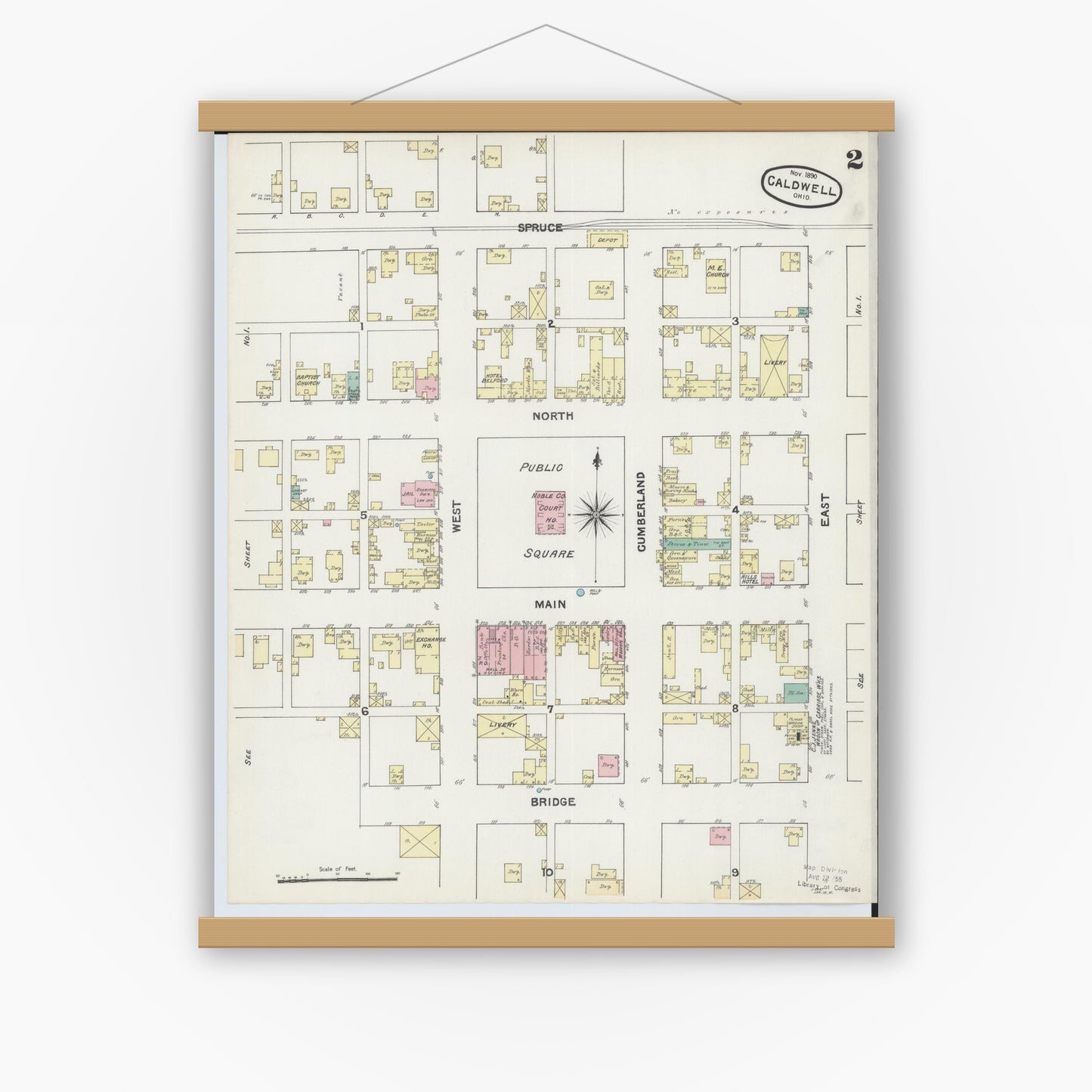 Old map wall art mockup — magnetic wood frame on white wall — Sanborn Fire Insurance Map from Caldwell, Noble County, Ohio (1890), Sheet #0002