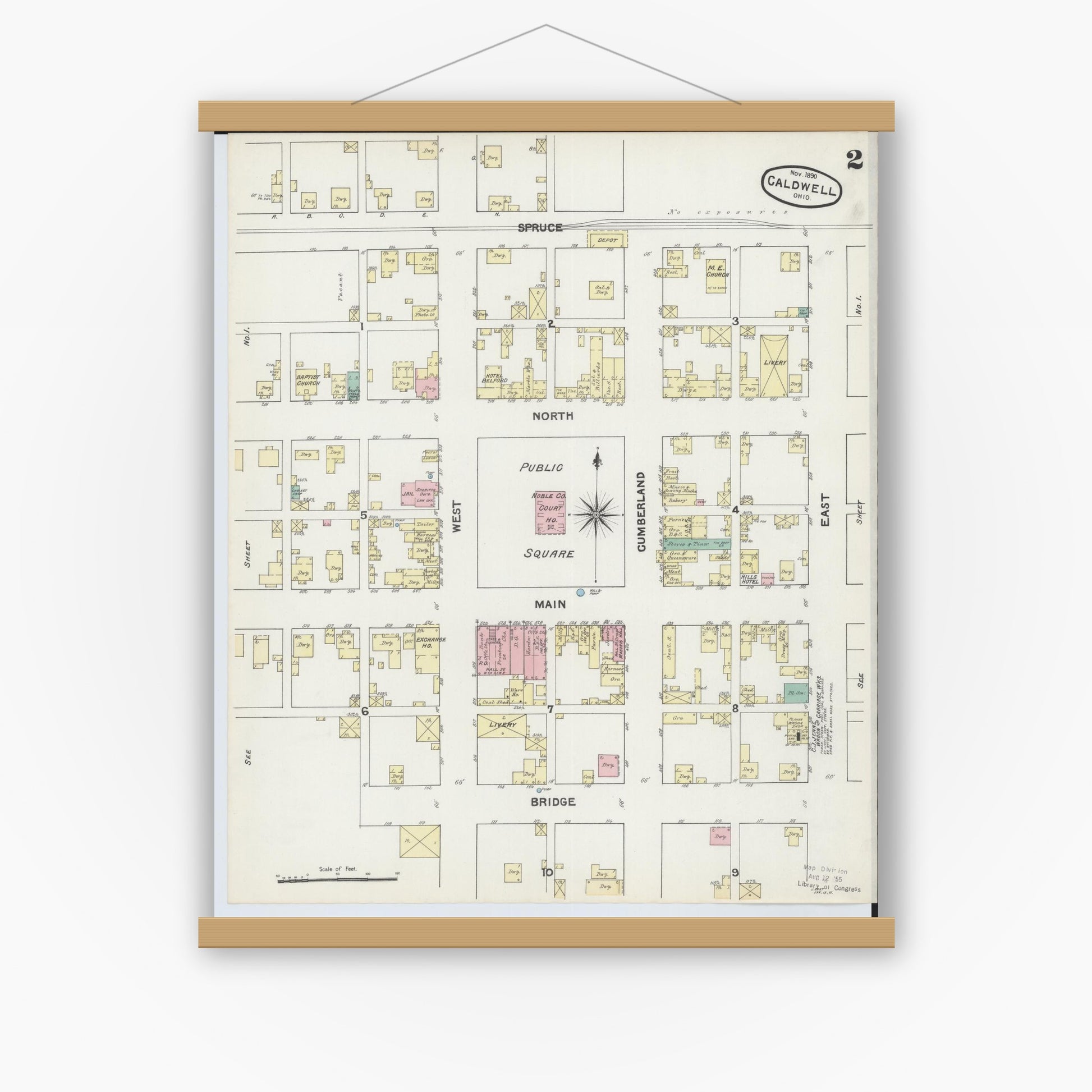 Old map wall art mockup — magnetic wood frame on white wall — Sanborn Fire Insurance Map from Caldwell, Noble County, Ohio (1890), Sheet #0002