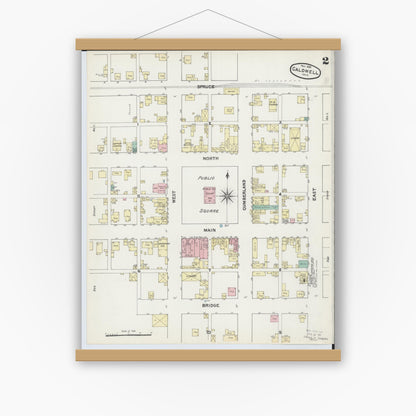 Old map wall art mockup — magnetic wood frame on white wall — Sanborn Fire Insurance Map from Caldwell, Noble County, Ohio (1890), Sheet #0002
