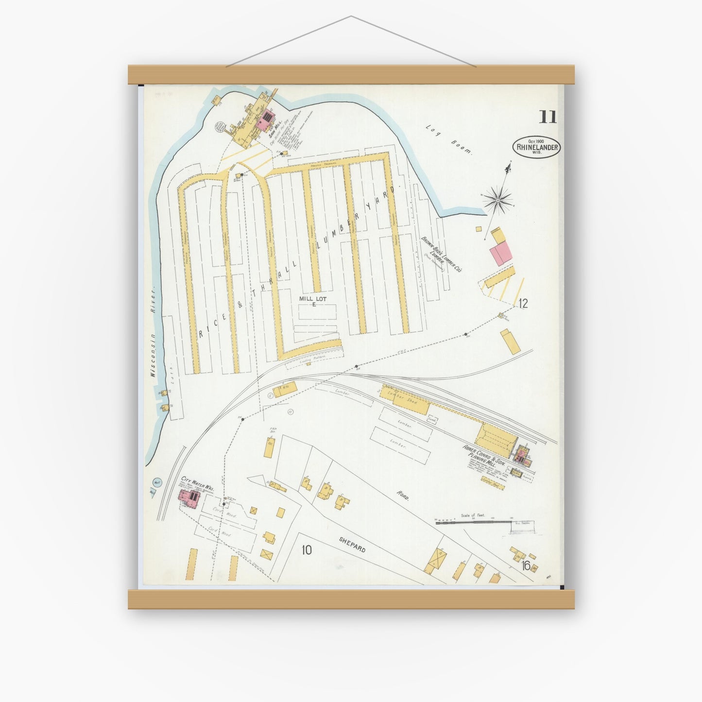 Old map wall art mockup — magnetic wood frame on white wall — Sanborn Fire Insurance Map from Rhinelander, Oneida County, Wisconsin (1900), Sheet #0011
