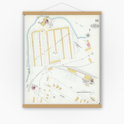 Old map wall art mockup — magnetic wood frame on white wall — Sanborn Fire Insurance Map from Rhinelander, Oneida County, Wisconsin (1900), Sheet #0011