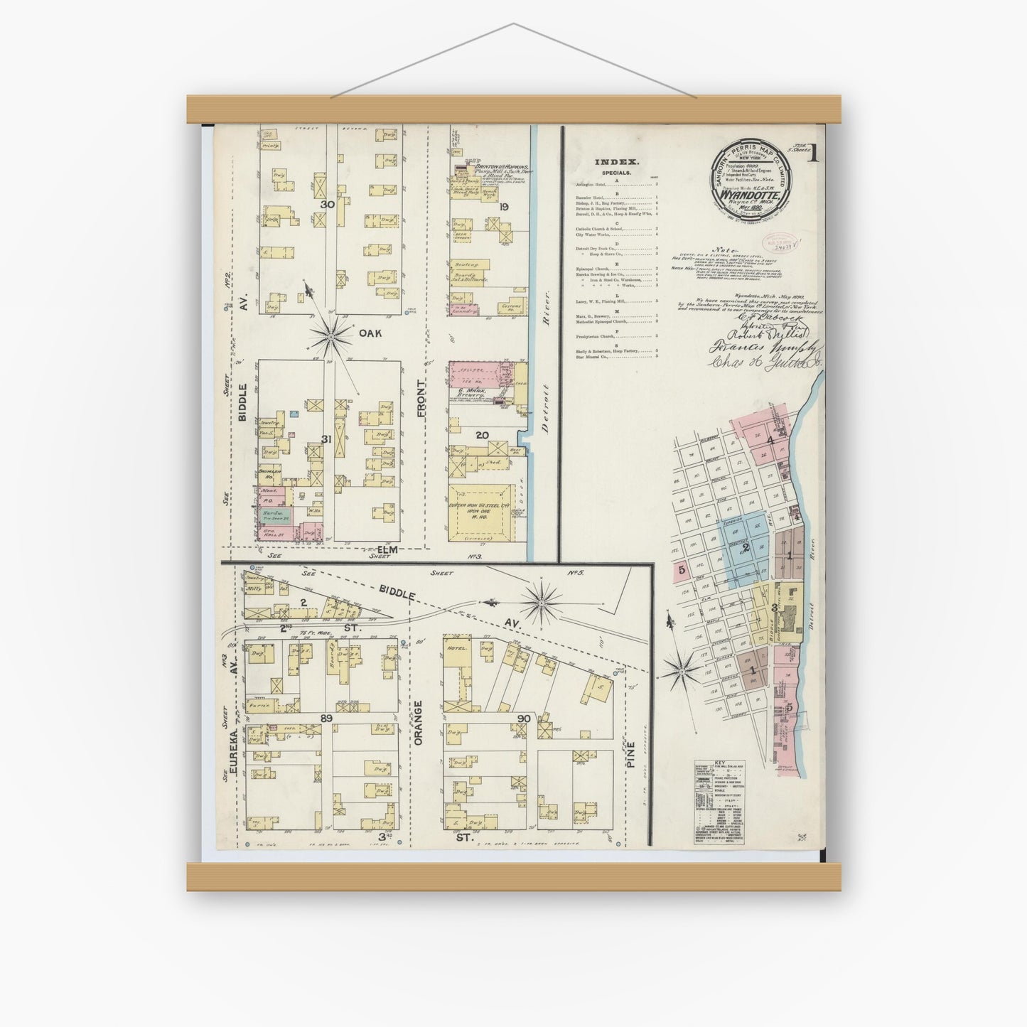 Old map wall art mockup — magnetic wood frame on white wall — Sanborn Fire Insurance Map from Wyandotte, Wayne County, Michigan (1890) - Complete Map Set