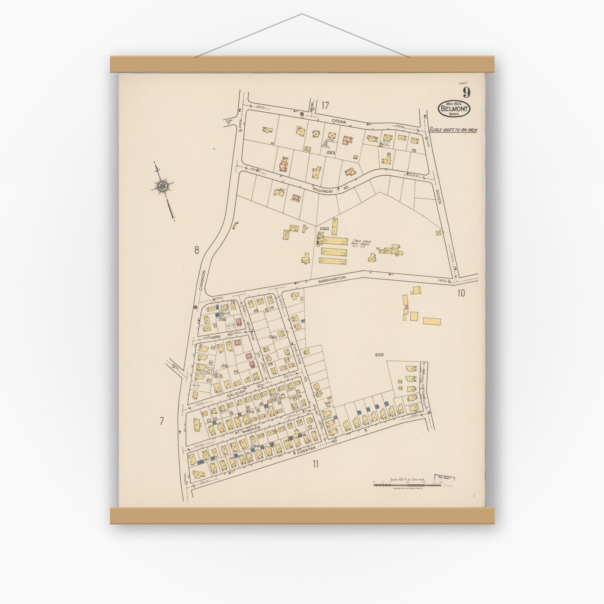 Old map wall art mockup — magnetic wood frame on white wall — Sanborn Fire Insurance Map from Belmont, Middlesex County, Massachusetts (1922), Sheet #0009