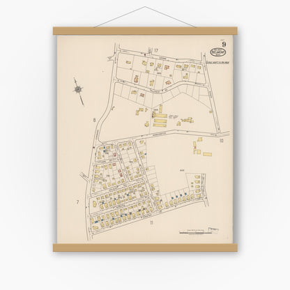 Old map wall art mockup — magnetic wood frame on white wall — Sanborn Fire Insurance Map from Belmont, Middlesex County, Massachusetts (1922), Sheet #0009