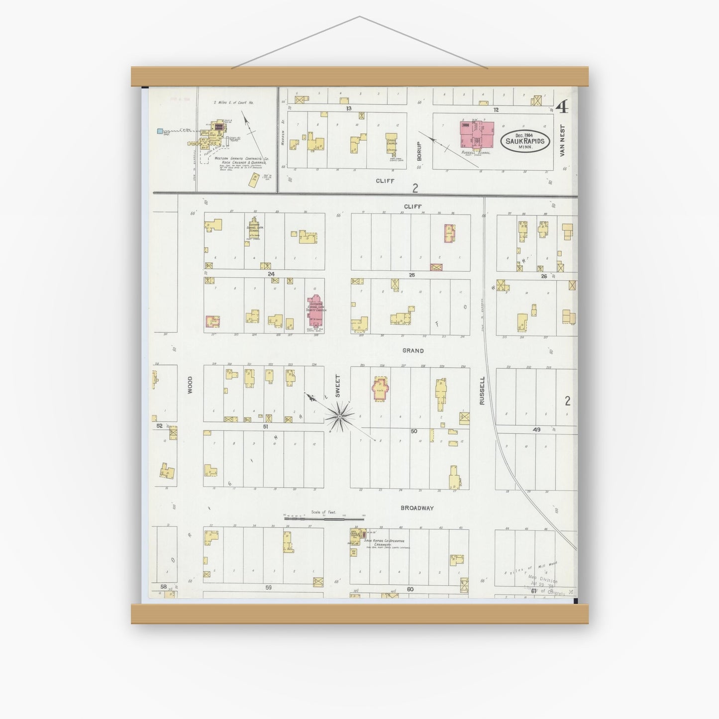 Old map wall art mockup — magnetic wood frame on white wall — Sanborn Fire Insurance Map from Sauk Rapids, Benton County, Minnesota (1904), Sheet #0004