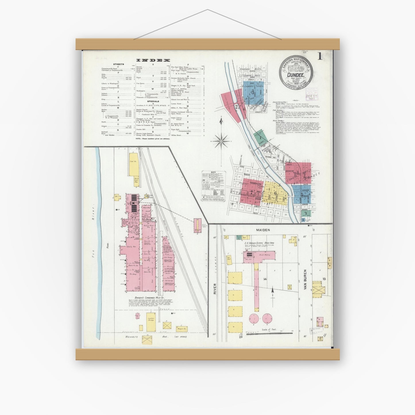 Old map wall art mockup — magnetic wood frame on white wall — Sanborn Fire Insurance Map from Dundee, Kane County, Illinois (1905), Sheet #0001