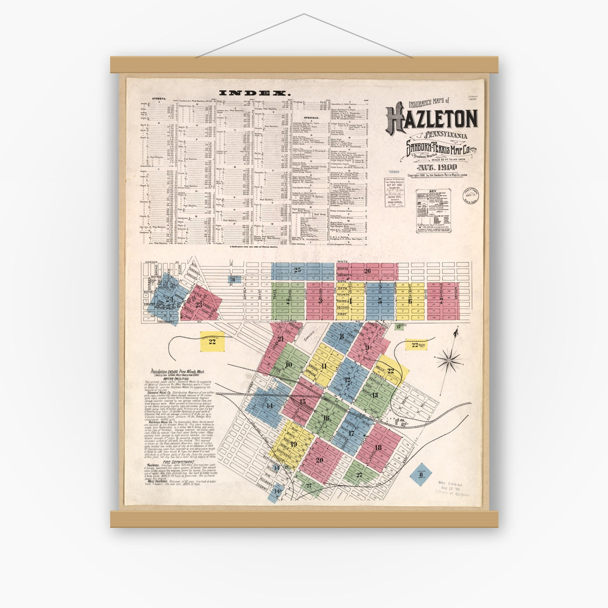Old map wall art mockup — magnetic wood frame on white wall — Sanborn Fire Insurance Map from Hazleton, Luzerne County, Pennsylvania (1900), Sheet #0001