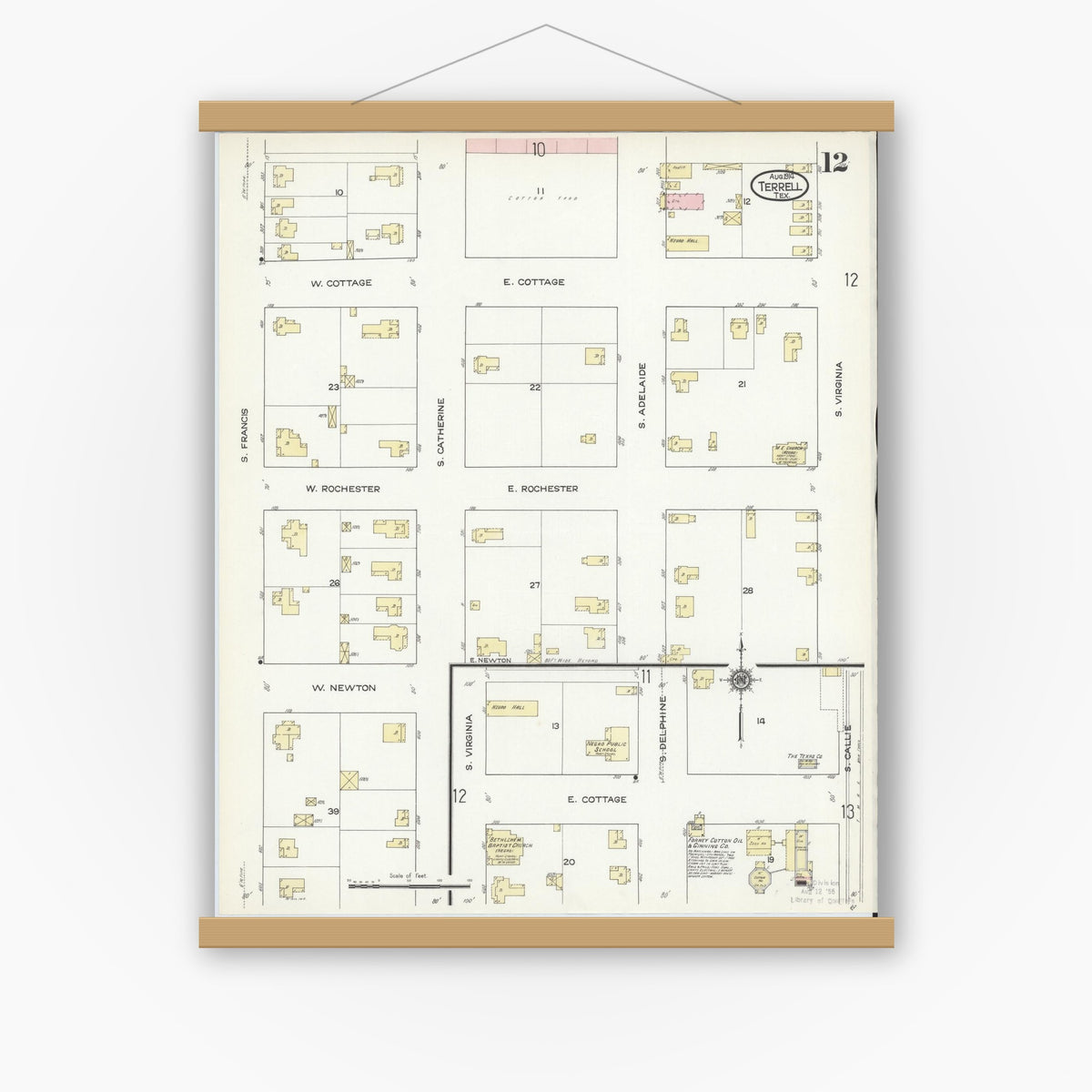 Old map wall art mockup — magnetic wood frame on white wall — Sanborn Fire Insurance Map from Terrell, Kaufman County, Texas (1914), Sheet #0012