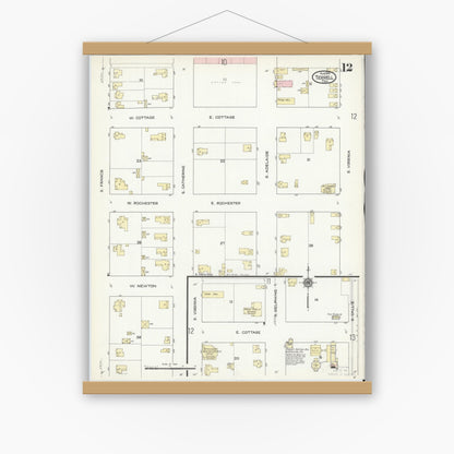 Old map wall art mockup — magnetic wood frame on white wall — Sanborn Fire Insurance Map from Terrell, Kaufman County, Texas (1914), Sheet #0012