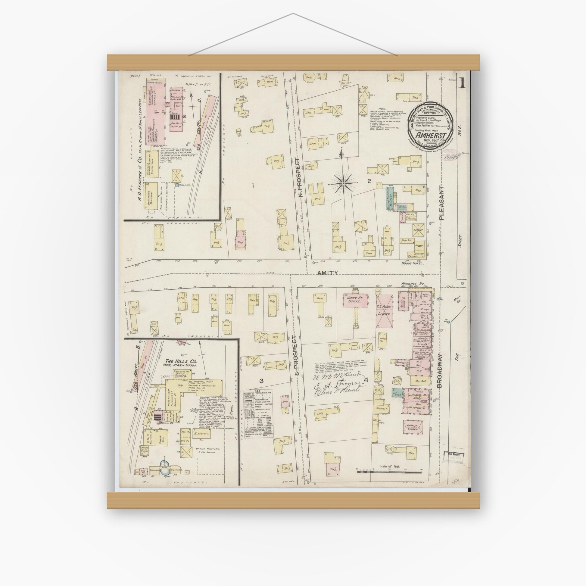 Old map wall art mockup — magnetic wood frame on white wall — Sanborn Fire Insurance Map from Amherst, Hampshire County, Massachusetts (1887), Sheet #0001