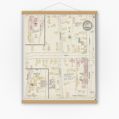 Old map wall art mockup — magnetic wood frame on white wall — Sanborn Fire Insurance Map from Amherst, Hampshire County, Massachusetts (1887), Sheet #0001