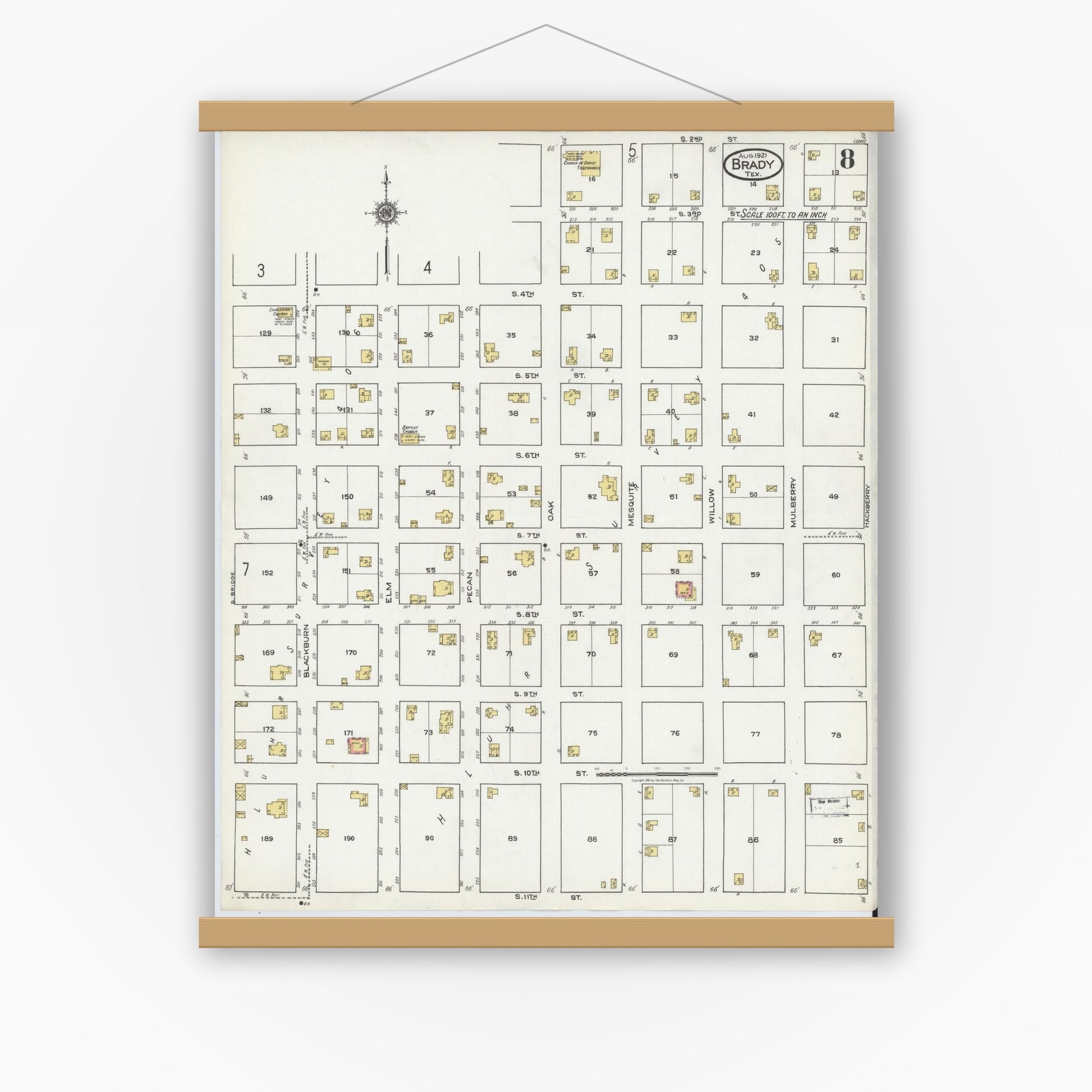 Old map wall art mockup — magnetic wood frame on white wall — Sanborn Fire Insurance Map from Brady, McCulloch County, Texas (1921), Sheet #0008
