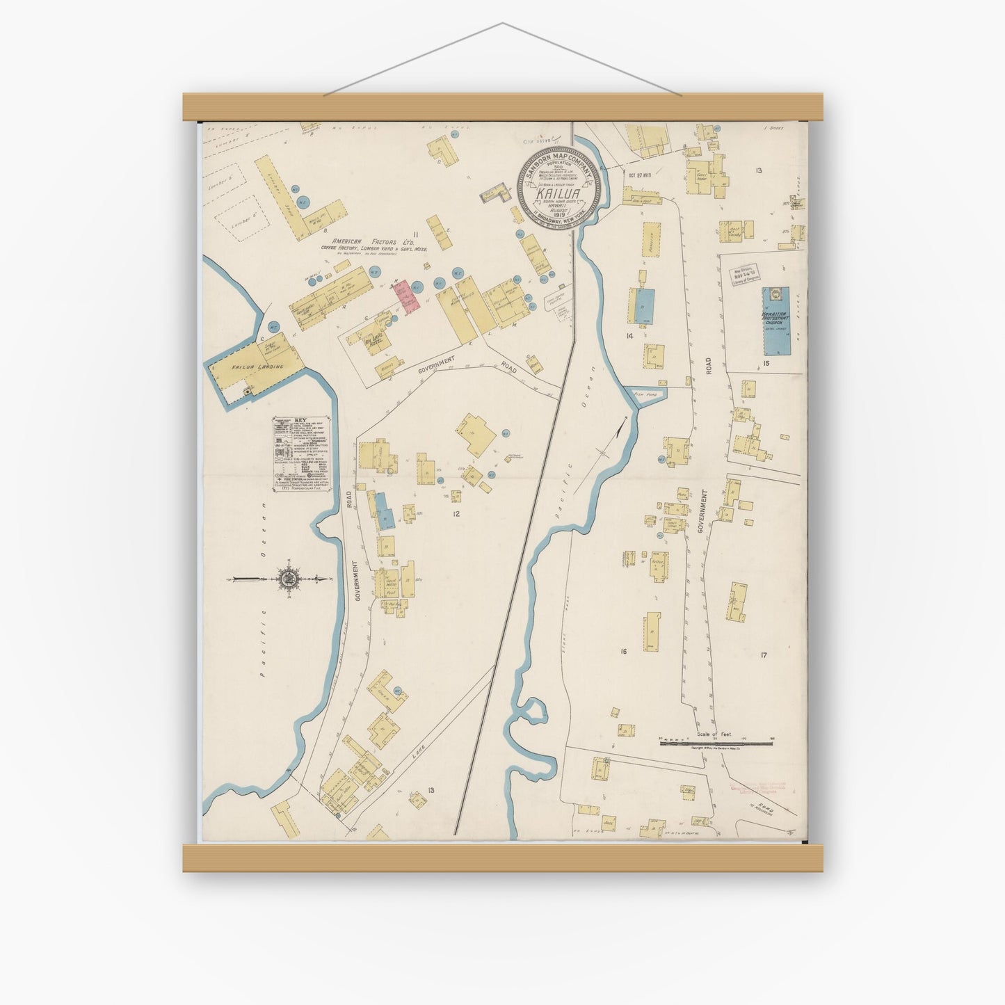 Old map wall art mockup — magnetic wood frame on white wall — Sanborn Fire Insurance Map from Kailua, Hawaii County, Hawaii (1919), Sheet #0001