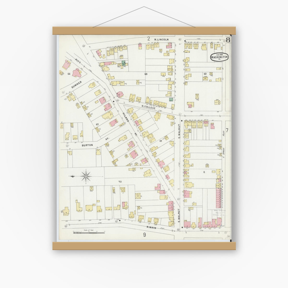 Old map wall art mockup — magnetic wood frame on white wall — Sanborn Fire Insurance Map from Washington, Washington County, Pennsylvania (1896), Sheet #0008