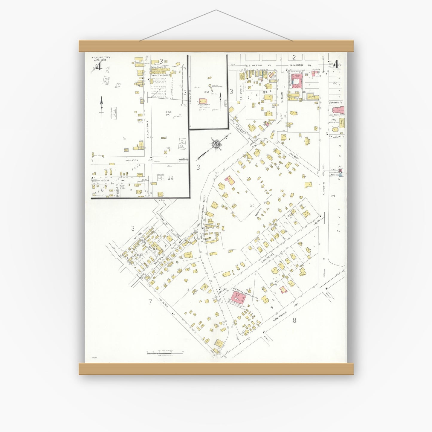 Old map wall art mockup — magnetic wood frame on white wall — Sanborn Fire Insurance Map from Kilgore, Gregg County, Texas (1936), Sheet #0004