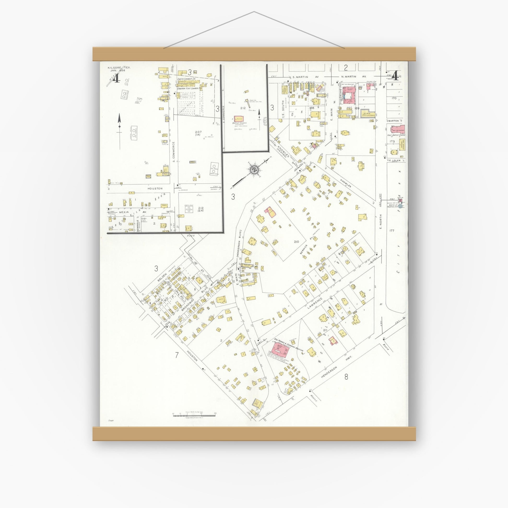 Old map wall art mockup — magnetic wood frame on white wall — Sanborn Fire Insurance Map from Kilgore, Gregg County, Texas (1936), Sheet #0004