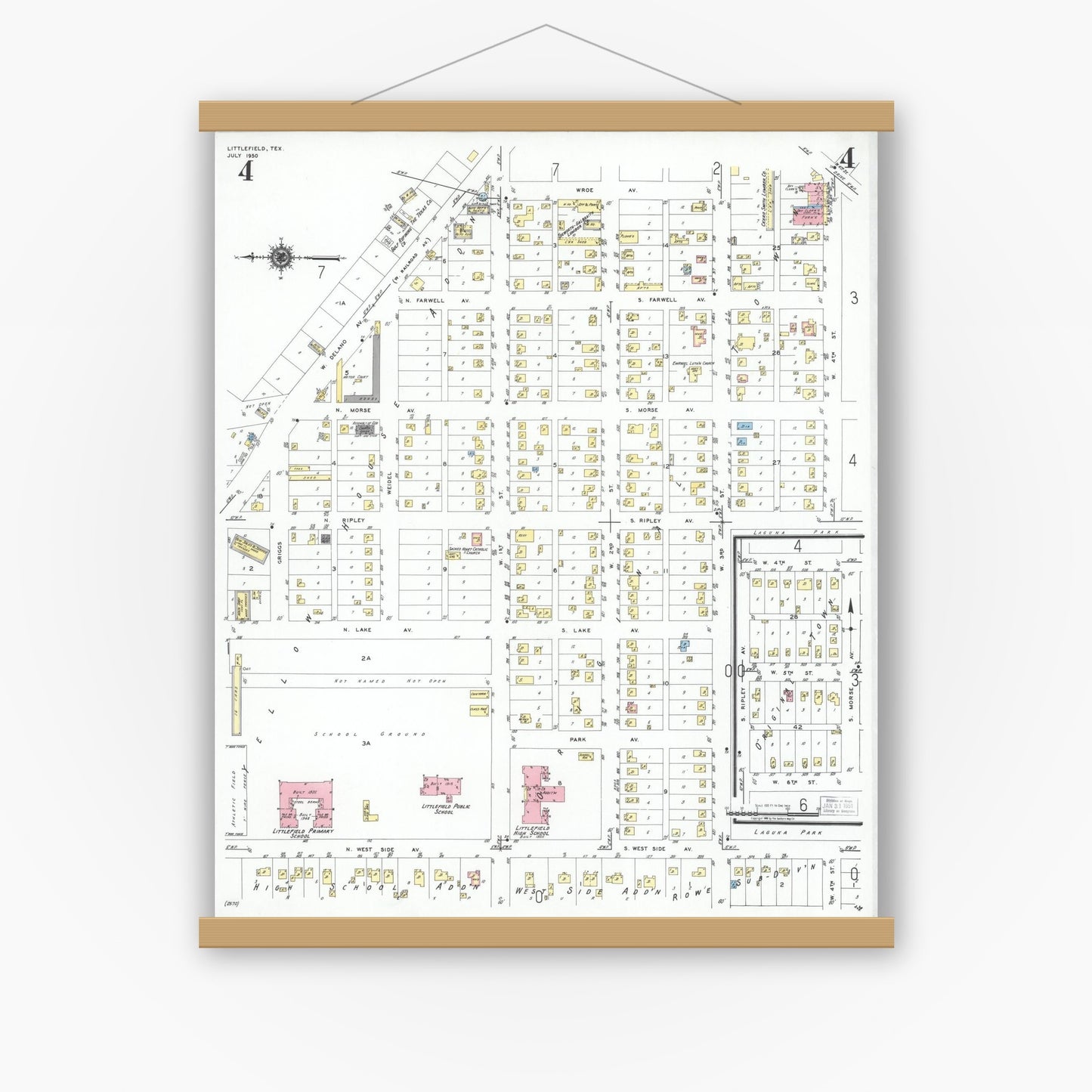 Old map wall art mockup — magnetic wood frame on white wall — Sanborn Fire Insurance Map from Littlefield, Lamb County, Texas (1950), Sheet #0004