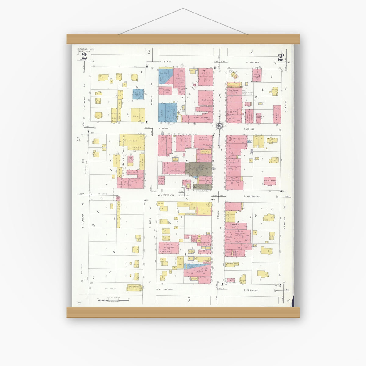 Old map wall art mockup — magnetic wood frame on white wall — Sanborn Fire Insurance Map from Viroqua, Vernon County, Wisconsin (1933), Sheet #0002
