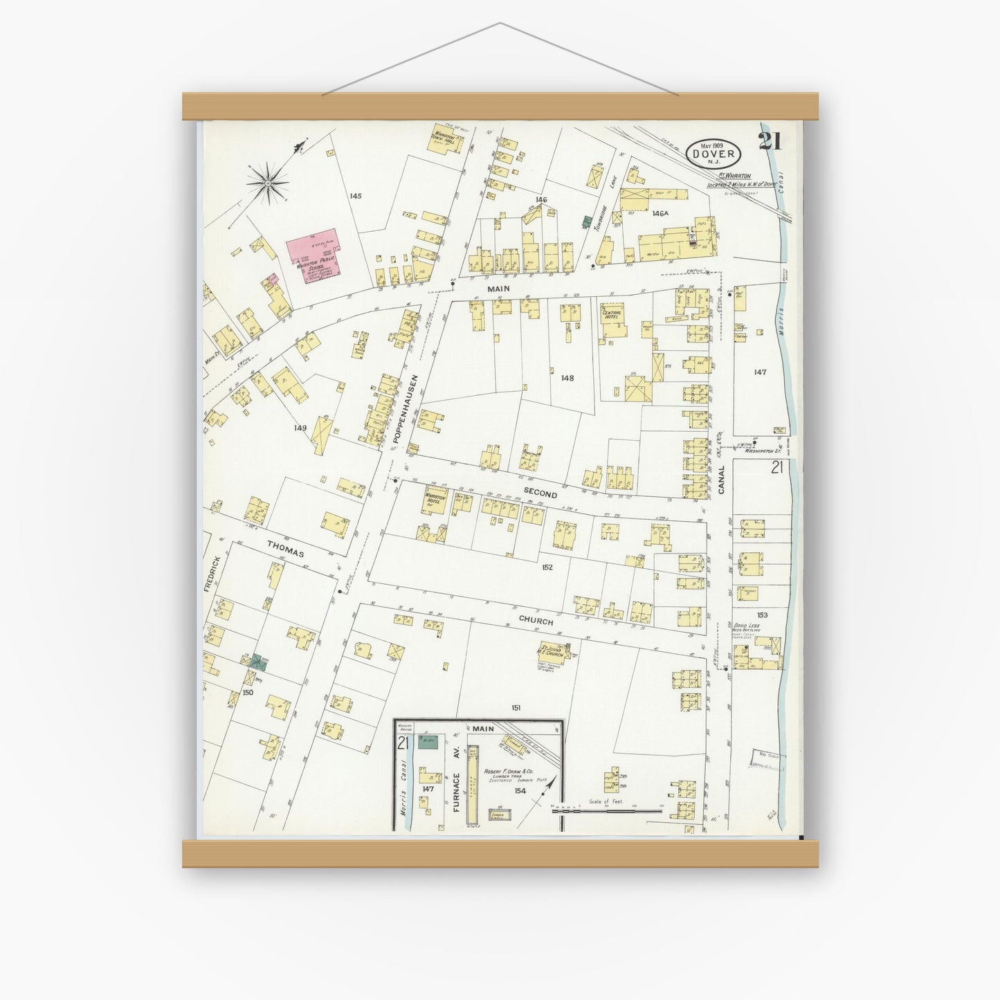 Old map wall art mockup — magnetic wood frame on white wall — Sanborn Fire Insurance Map from Dover, Morris County, New Jersey (1909), Sheet #0021