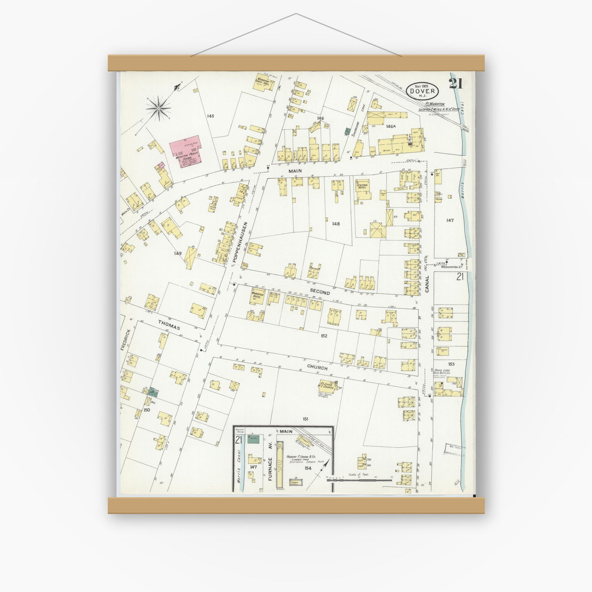 Old map wall art mockup — magnetic wood frame on white wall — Sanborn Fire Insurance Map from Dover, Morris County, New Jersey (1909), Sheet #0021