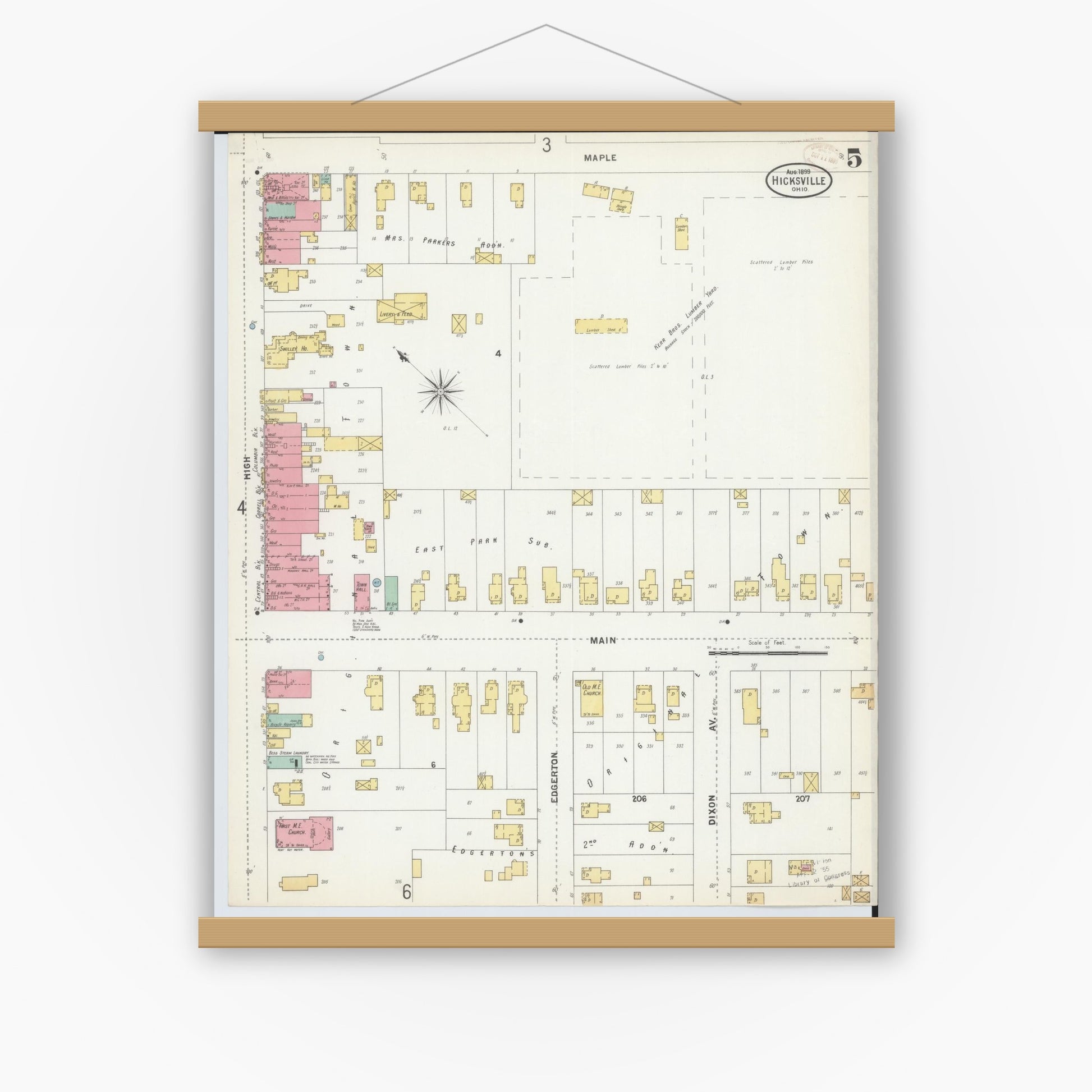 Old map wall art mockup — magnetic wood frame on white wall — Sanborn Fire Insurance Map from Hicksville, Defiance County, Ohio (1899), Sheet #0005