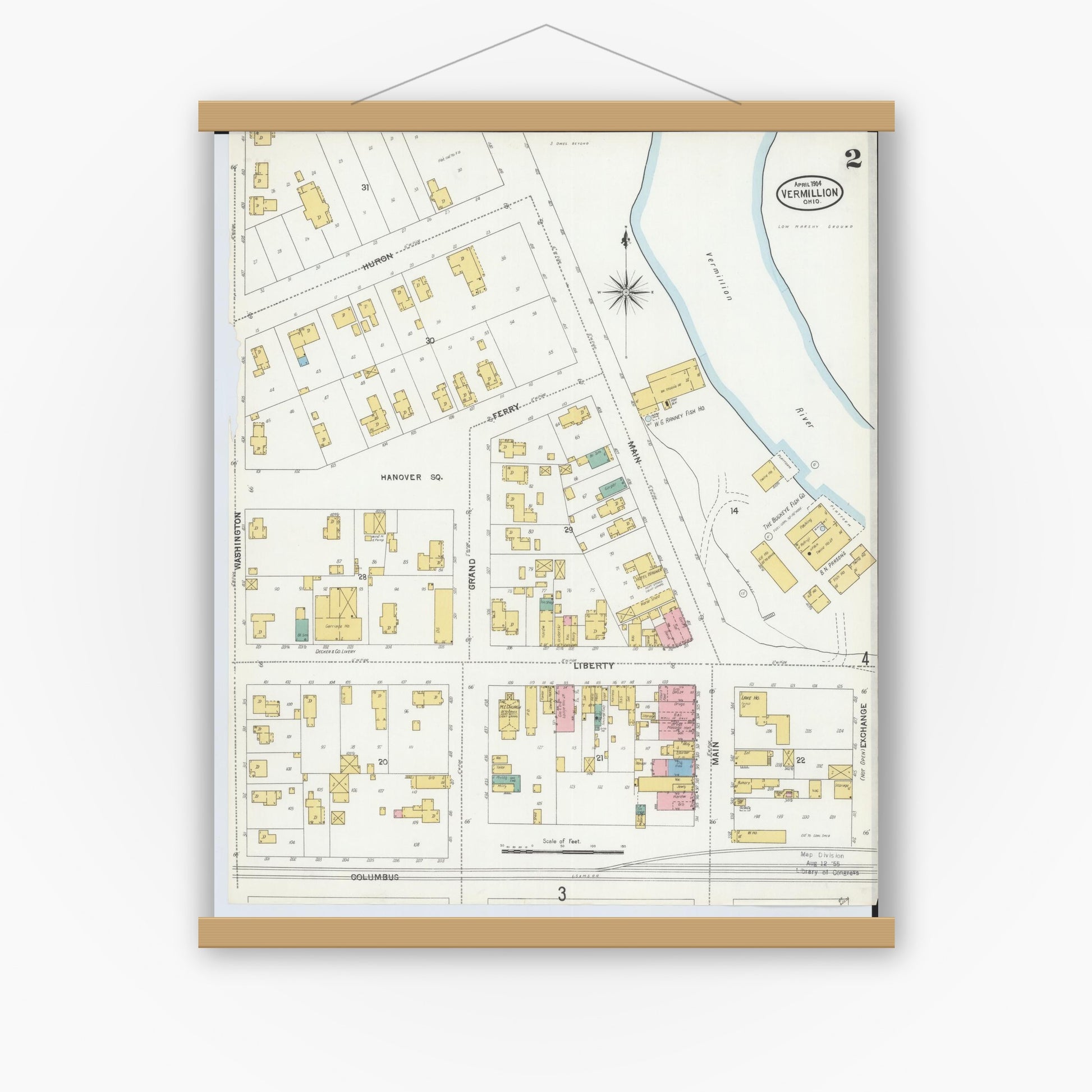 Old map wall art mockup — magnetic wood frame on white wall — Sanborn Fire Insurance Map from Vermillion, Erie County, Ohio (1904), Sheet #0002