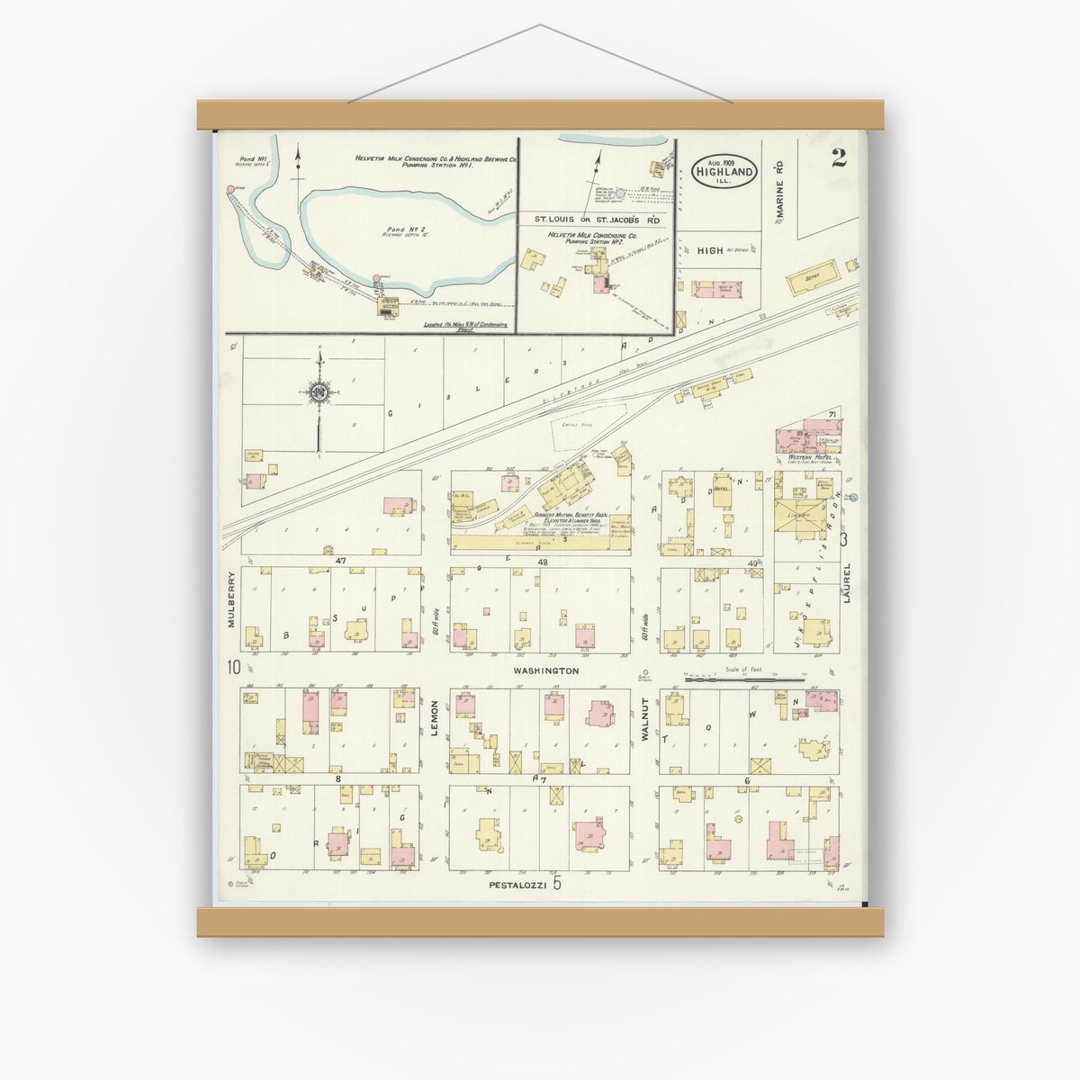 Old map wall art mockup — magnetic wood frame on white wall — Sanborn Fire Insurance Map from Highland, Madison County, Illinois (1908), Sheet #0002