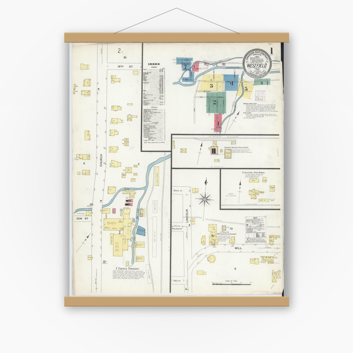 Old map wall art mockup — magnetic wood frame on white wall — Sanborn Fire Insurance Map from Westfield, Tioga County, Pennsylvania (1907) - Complete Map Set