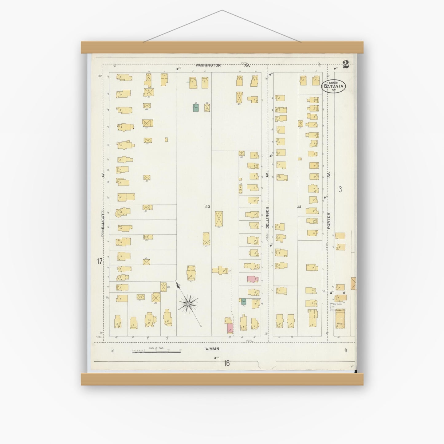 Old map wall art mockup — magnetic wood frame on white wall — Sanborn Fire Insurance Map from Batavia, Genesee County, New York (1901) - Complete Map Set