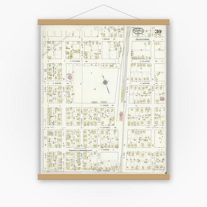 Old map wall art mockup — magnetic wood frame on white wall — Sanborn Fire Insurance Map from Temple, Bell County, Texas (1915), Sheet #0030