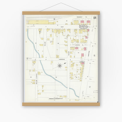 Old map wall art mockup — magnetic wood frame on white wall — Sanborn Fire Insurance Map from Rensselaer, Rensselaer County, New York (1909), Sheet #0013