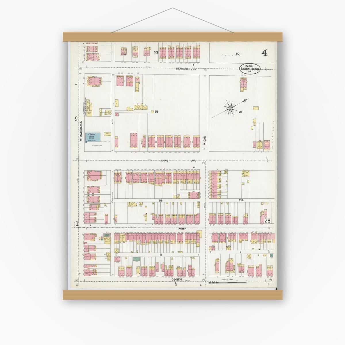 Old map wall art mockup — magnetic wood frame on white wall — Sanborn Fire Insurance Map from Norristown, Montgomery County, Pennsylvania (1902), Sheet #0004