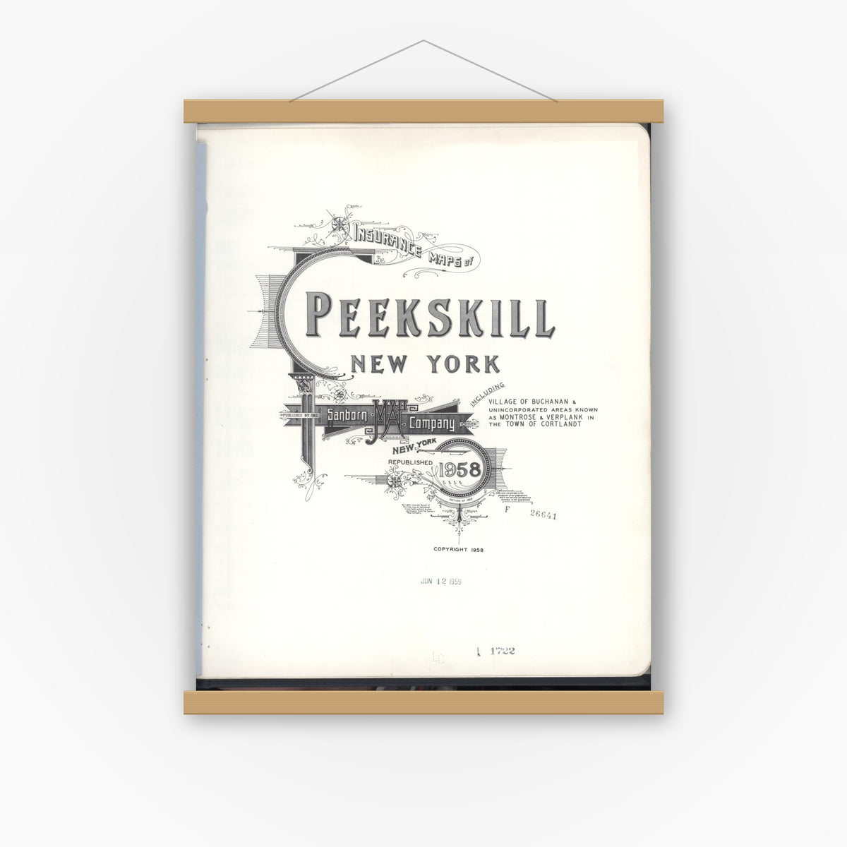 Old map wall art mockup — magnetic wood frame on white wall — Sanborn Fire Insurance Map from Peekskill, Westchester County, New York (1958), Sheet #0001