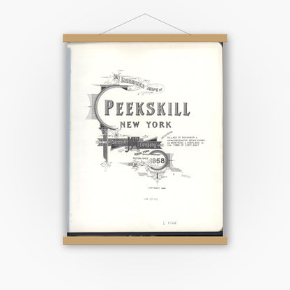 Old map wall art mockup — magnetic wood frame on white wall — Sanborn Fire Insurance Map from Peekskill, Westchester County, New York (1958), Sheet #0001