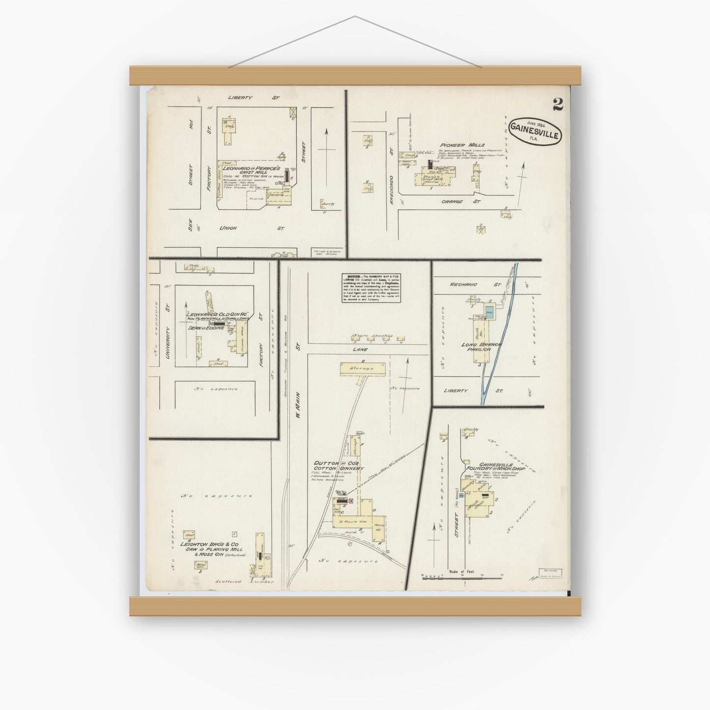Old map wall art mockup — magnetic wood frame on white wall — Sanborn Fire Insurance Map from Gainesville, Alachua County, Florida (1884), Sheet #0002