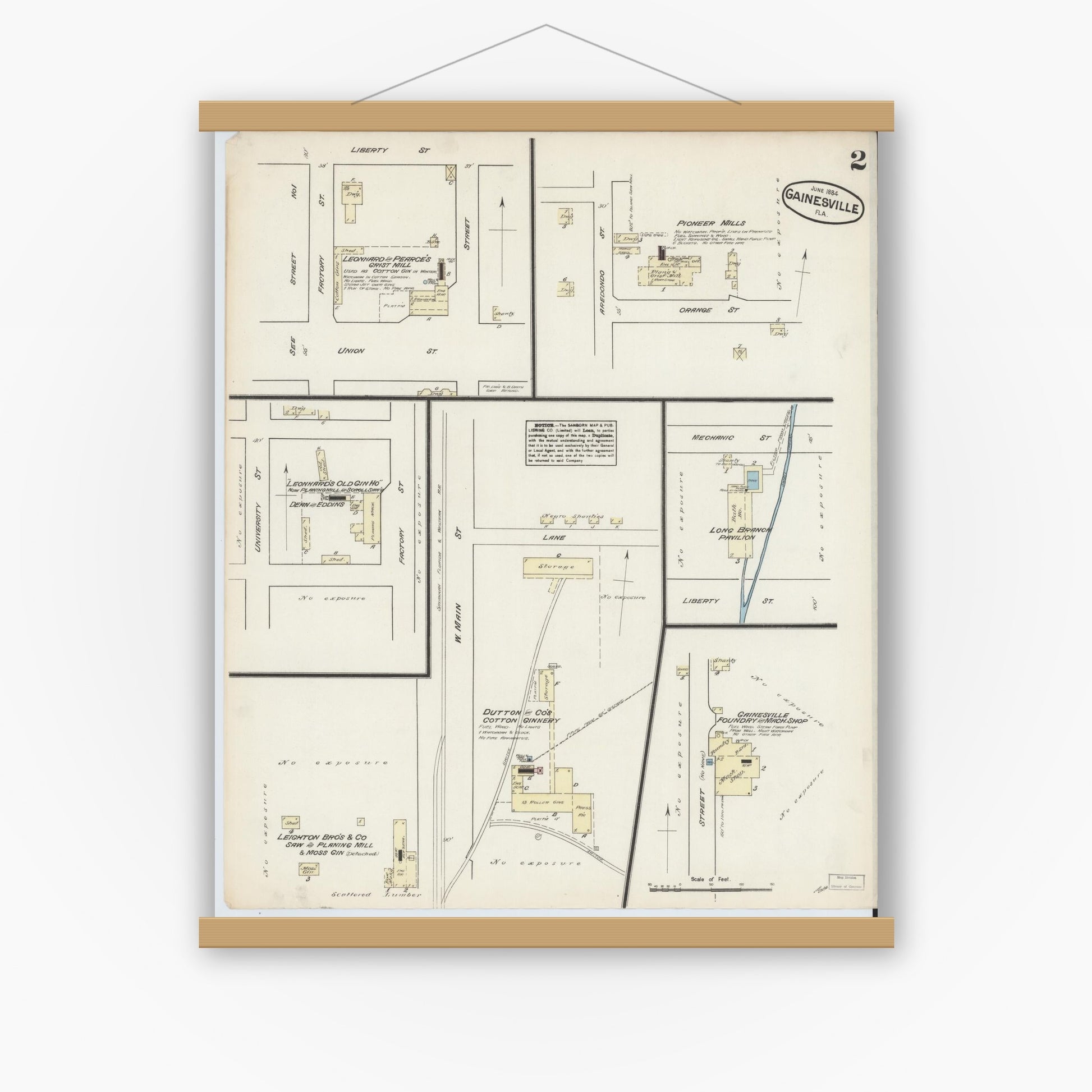 Old map wall art mockup — magnetic wood frame on white wall — Sanborn Fire Insurance Map from Gainesville, Alachua County, Florida (1884), Sheet #0002